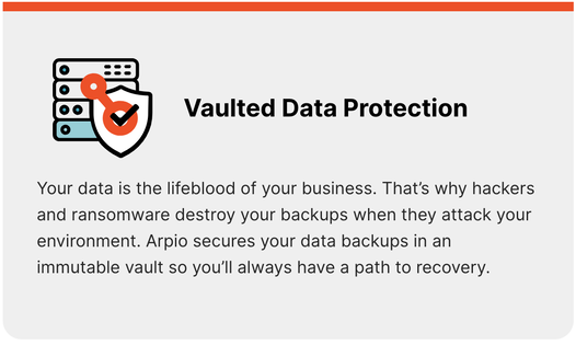 Vaulted Data Protection Your data is the lifeblood of your business. That’s why hackers and ransomware destroy your backups when they attack your environment. Arpio secures your data backups in an immutable vault so you’ll always have a path to recovery.Picture